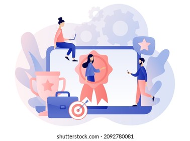 HR Recognition Concept. Best Employee And Specialist With Great Reputation Online. Business Success. Tiny People Professional.  Modern Flat Cartoon Style. Vector Illustration On White Background