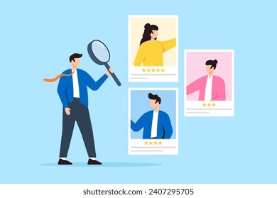 Personalrekrutierer, der Bewerber mit Lupe in flachem Design analysiert