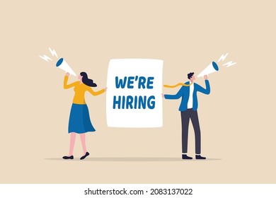 HR recruiting announcement we are hiring advertisement, human resources or employer looking for candidate for job vacancy concept, business people HR with megaphone holding we are hiring sign.