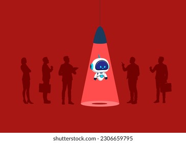 Concurso de reclutamiento de recursos humanos. Un candidato inteligente Robot con inteligencia artificial. Ilustración vectorial moderna en estilo plano