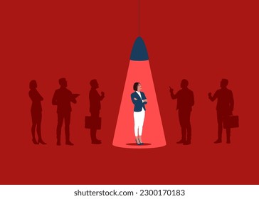 HR recruiting competition. Talented woman professional candidate in light spot. Modern vector illustration in flat style