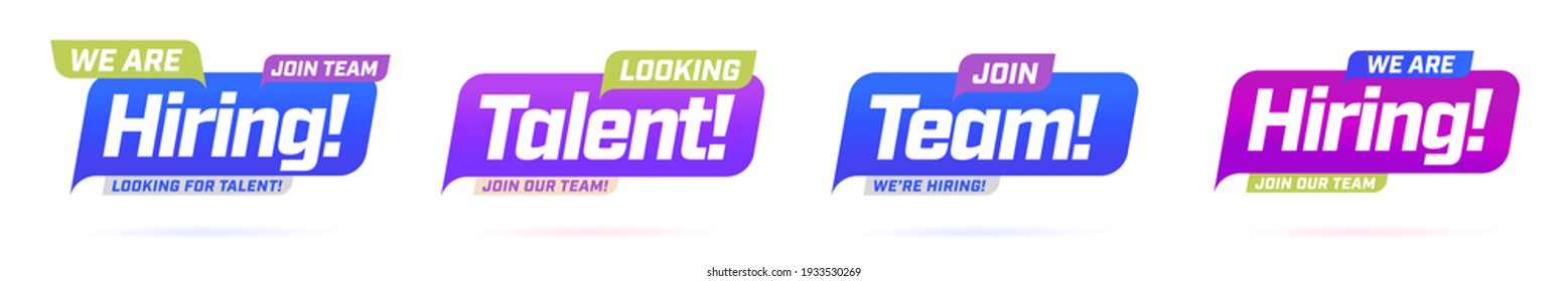 Hr recruiting hiring vacancy job offer info label template. We are hiring, join to our team, looking for talent help wanted advertising badge set vector illustration isolated on white background