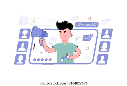 Hr, tema de reclutamiento. El niño sostiene prismáticos y un bullhorn, un altavoz. Elemento para el diseño de presentaciones, aplicaciones y sitios web. ilustración de tendencia. Ilustración del vector