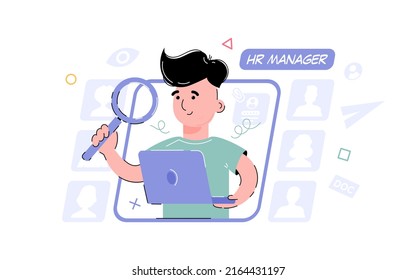 Hr, tema de reclutamiento. El niño trabaja en el ordenador y sostiene una lupa. Elemento para el diseño de presentaciones, aplicaciones y sitios web. ilustración de tendencia. Ilustración del vector