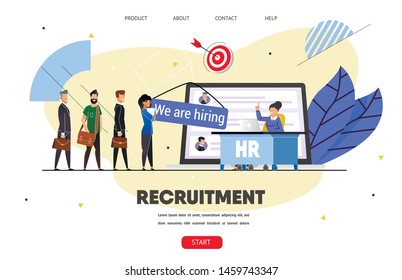 Hr, Recruitment Agency. Web Banner, Landing Page. Woman, Head Hunter Manager Reading Job Applicants CV. Guys, Girl Searching Job Opportunities. Job Interview, Presentation. Flat Vector, Website