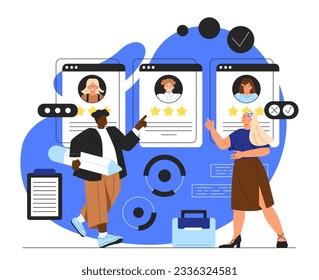 HR recruitment concept. Recruitment to company and organization. Woman and man evaluate resumes of candidates for vacancy. Ranking and rating of curriculum vitae. Cartoon flat vector illustration