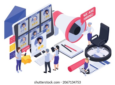 Hr recruitment hiring isometric composition with characters of office people workplace elements with megaphone and applicants vector illustration