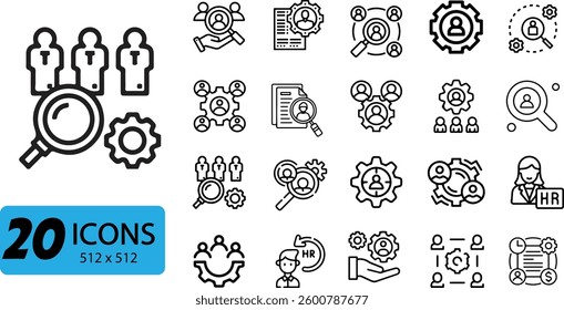 HR and Recruitment Icon Set: 20 Outline Vector Illustrations