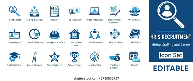 Hr and recruitment icon set. Containing talent search, job interview, employment contract, payroll, headhunting, work from home, hiring and more. Solid vector icons collection.