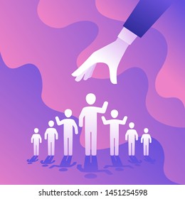 HR, Recruitment or other people selecting concept - hand choosing one person from group of people icons - vector creative illustration