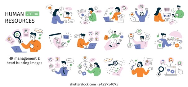 HR and recruitment set, employees searching for job, hiring candidates, hand drawn compositions with cartoon men and women, vector illustrations of job interview, cv, human resources management