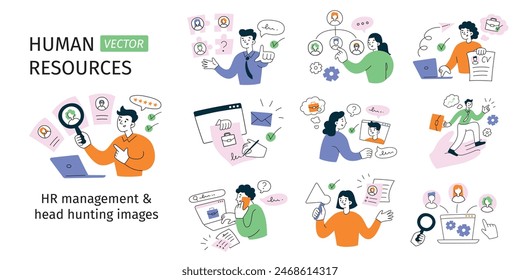 HR and recruitment set, employees searching for job, hiring candidates, vector illustrations of job interview, cv, human resources management, cartoon people head hunting and team building