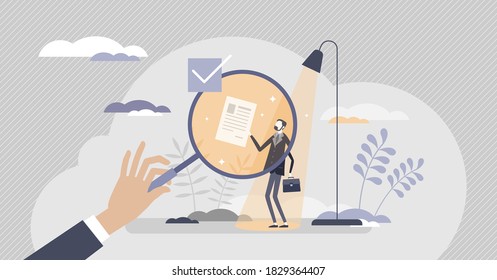 HR recruitment vacancy job searching for work employment hiring tiny person concept. Professional candidate review under spotlight and experience research for employee and labor vector illustration.