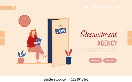 Hr Recruitment Website Landing Page. Candidate Woman with Cv in Hand Sitting on Chair Front of Door for Giving Job Interview. Human Resources Web Page Banner. Cartoon Flat Vector Illustration Line Art