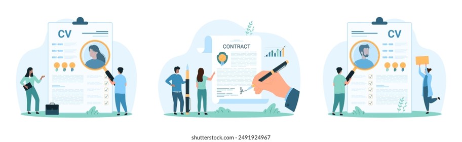 HR research, employment set. Tiny people people looking through magnifying glass at profile portrait on resume of man and woman, employees hand signing contract of hiring cartoon vector illustration