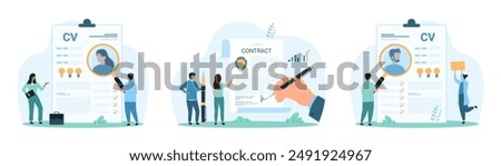 HR research, employment set. Tiny people people looking through magnifying glass at profile portrait on resume of man and woman, employees hand signing contract of hiring cartoon vector illustration