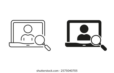 HR Research in Laptop Line and Silhouette Icon. Human Resources Pictogram. Employee Candidate, Job Recruitment, Work Opportunity Symbol. Editable Stroke. Isolated Vector Illustration.