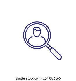 HR search line icon. Male portrait through magnifier glass. Human resource concept. Can be used for topics like career, recruitment, employment