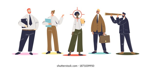 Hr selecting employee for vacancy from group of candidates. Human resources and recruitment concept. Business man hiring new workers. Flat vector illustration
