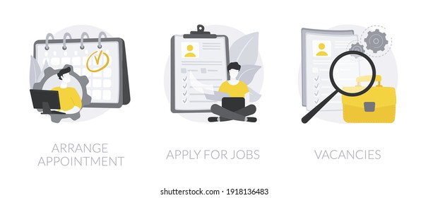 HR service abstract concept vector illustration set. Arrange appointment, apply for jobs, vacancies list, start career, company webpage, apply online, find job opportunity abstract metaphor.