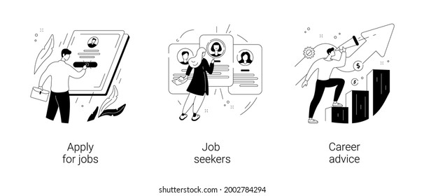 HR service abstract concept vector illustration set. Apply for job, job seekers, career advice, hiring, start career, search for work, employee profile, corporate website, menu bar abstract metaphor.