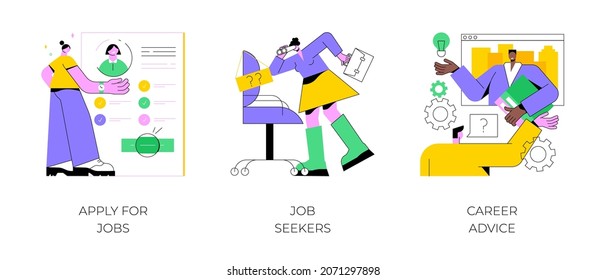 HR service abstract concept vector illustration set. Apply for job, job seekers, career advice, hiring, start career, search for work, employee profile, corporate website, menu bar abstract metaphor.