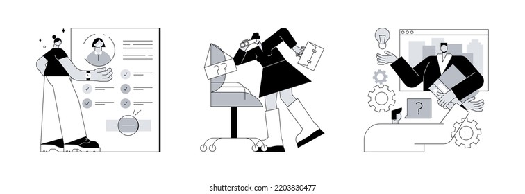 conjunto de ilustraciones vectoriales de concepto abstracto del servicio HR. Solicitar empleo, búsqueda de empleo, asesoramiento profesional, contratación, inicio de carrera, búsqueda de trabajo, perfil de empleado, página web corporativa, barra de menú metáfora abstracta.
