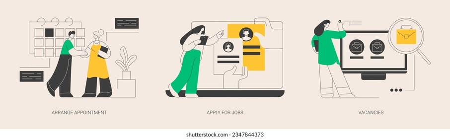 conjunto de ilustraciones vectoriales de concepto abstracto del servicio HR. Organizar cita, postular para trabajos, lista de vacantes, iniciar carrera, página web de la empresa, postular en línea, encontrar una metáfora abstracta de oportunidad de trabajo.