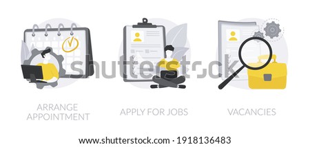 HR service abstract concept vector illustration set. Arrange appointment, apply for jobs, vacancies list, start career, company webpage, apply online, find job opportunity abstract metaphor.