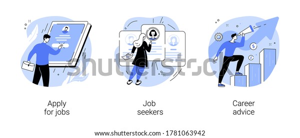 HR service abstract concept vector illustration\
set. Apply for job, job seekers, career advice, hiring, start\
career, search for work, employee profile, corporate website, menu\
bar abstract metaphor.
