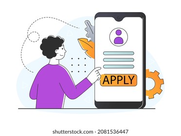 HR service concept. Apply for job. Young man stands next to smartphone screen and sends his resume to company. Hiring employees or staff. Job search. Cartoon contemporary flat vector illustration