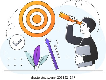 HR Service Concept. Career Advice. Man With Telescope Looking For New Ways To Develop Business And Move Up Career Ladder. Strategy For Achieving Success. Cartoon Modern Flat Vector Illustration