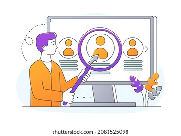 HR service concept. Job seekers. Man with magnifying glass standing next to monitor and looking for vacancies. Male character sends resume. Recruitment of staff. Cartoon flat vector illustration