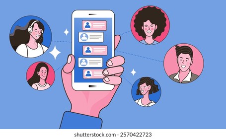 HR service. Video conference meeting. office team people on application windows having conversation. group video call. people talking online in a meeting room on Internet. Flat illustration.