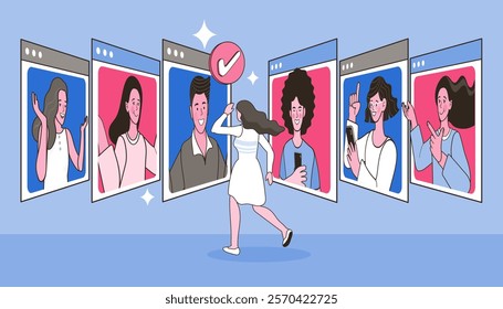 HR service. Video conference meeting. office team people on application windows having conversation. group video call. people talking online in a meeting room on Internet. Flat illustration.