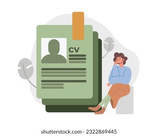 HR sitting in the office and looking at big CV of candidate, making decision on hiring an employee in company. Human resource management. Flat vector illustration in blue and green colors