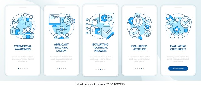 HR skills for business blue onboarding mobile app screen. Technology walkthrough 5 steps graphic instructions pages with linear concepts. UI, UX, GUI template. Myriad Pro-Bold, Regular fonts used