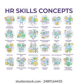 HR skills multi color concept icons. Conflict resolution. Employee relations. Team building. Talent hiring and attracting. Icon pack. Vector images. Round shape illustrations. Abstract idea