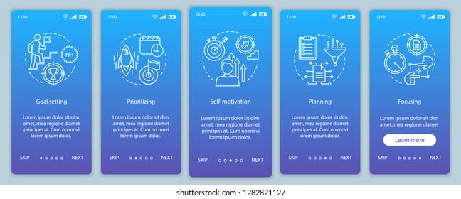 HR skills onboarding mobile app page screen vector template. Employee qualities walkthrough website steps with linear illustrations. Goal setting, planning. UX, UI, GUI smartphone interface concept