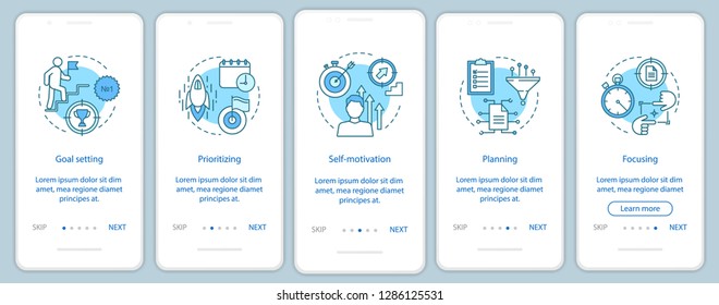 HR skills onboarding mobile app page screen vector template. Purposefulness. Employee qualities walkthrough website steps. Goal setting, planning. UX, UI, GUI smartphone interface concept