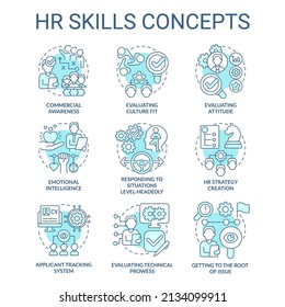 HR skills turquoise concept icons set. Human resources involving. Business and career idea thin line color illustrations. Isolated symbols. Editable stroke. Roboto-Medium, Myriad Pro-Bold fonts used