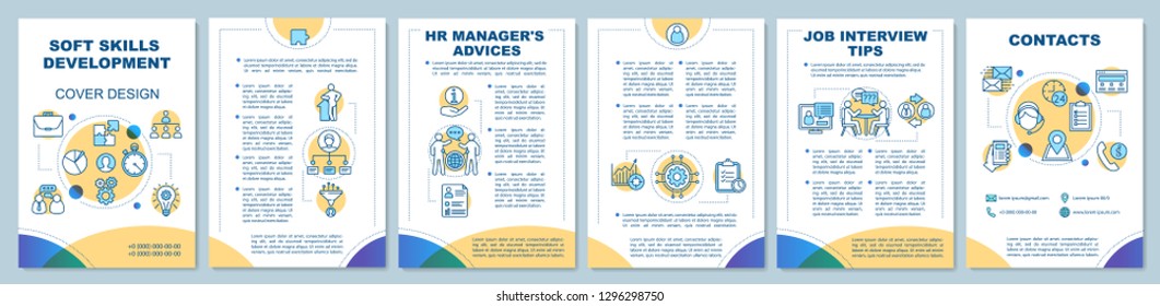 HR soft skills brochure template layout. Job interview tips. Flyer, booklet, leaflet print design with linear illustrations. Employment. Vector page layouts for magazines, annual reports, posters