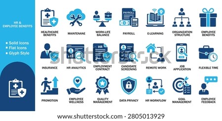 HR solid icon set with employee benefits management. Vector illustration of realistic human resource flat symbol, colorful corporate payroll workplace wellness job application template.