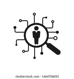Hr solutions, recruitment agency icon, magnifying glass and person, human resources, consider candidate, employment concept, job applicant sign – stock vector
