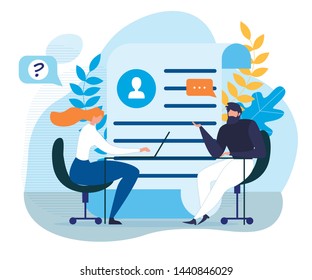 HR Specialist Has Interview with Job Applicant. Employment Process, Choosing Candidate Metaphor Poster. Man and Woman Sitting at Table. Hire and Interviewer. Vector Flat Huge Paper Resume Illustration