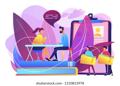 HR specialist having an interview with job applicant and candiadates waiting. Job interview, employment process, choosing a candidate concept. Bright vibrant violet vector isolated illustration