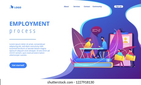 HR specialist having an interview with job applicant and candiadates waiting. Job interview, employment process, choosing a candidate concept. Website vibrant violet landing web page template.