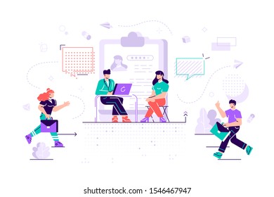 HR specialist having an interview with job applicant and candiadates waiting. Job interview, employment process, choosing a candidate concept. Flat bright vibrant violet vector isolated illustration