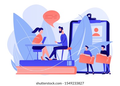 HR specialist having an interview with job applicant and candiadates waiting. Job interview, employment process, choosing a candidate concept. Pink coral blue vector isolated illustration