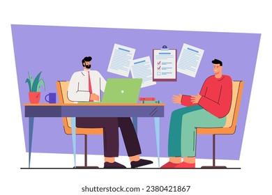 Especialista en Recursos Humanos entrevistando a un joven, haciendo preguntas, revisando su currículum para el puesto vacante. Ilustración vectorial. Entrevista laboral y concepto de recursos humanos.